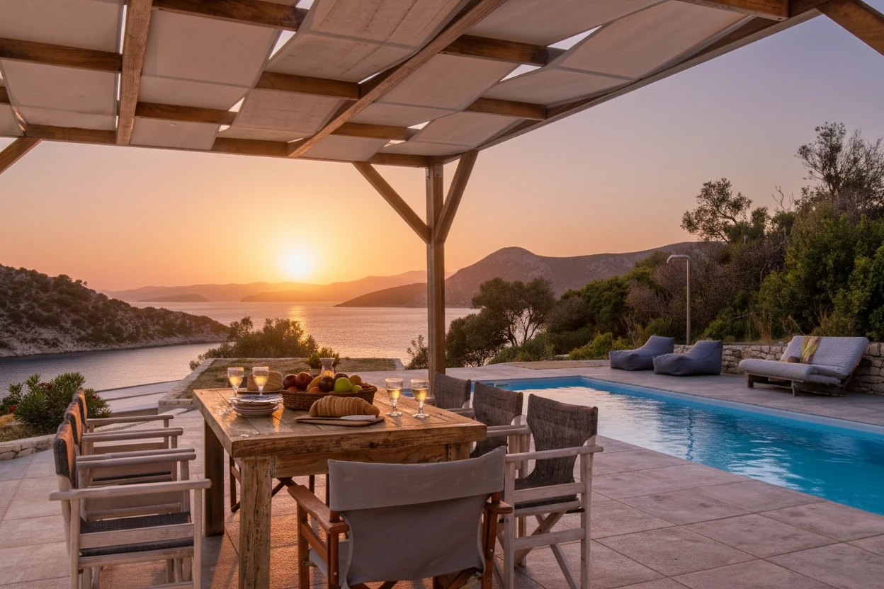 Aerial view of the Kastos Sunset estate overlooking the Ionian Sea